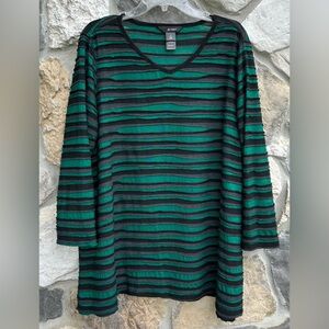 Ali Miles Tunic Top Size 1X Green Textured Stripes Artsy Lagenlook Long Sleeve